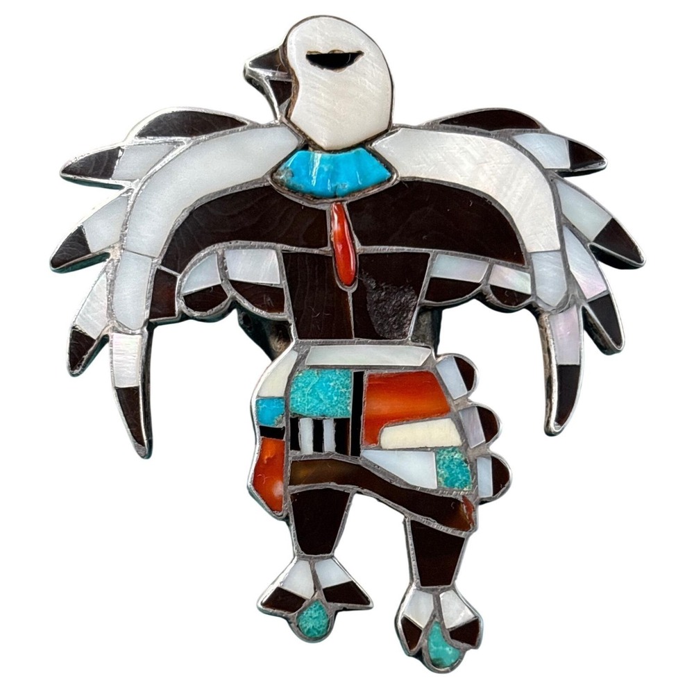 Vintage Sterling Zuni Inlay Bolo Eagle Dancer Sterling Silver Turquoise Coral